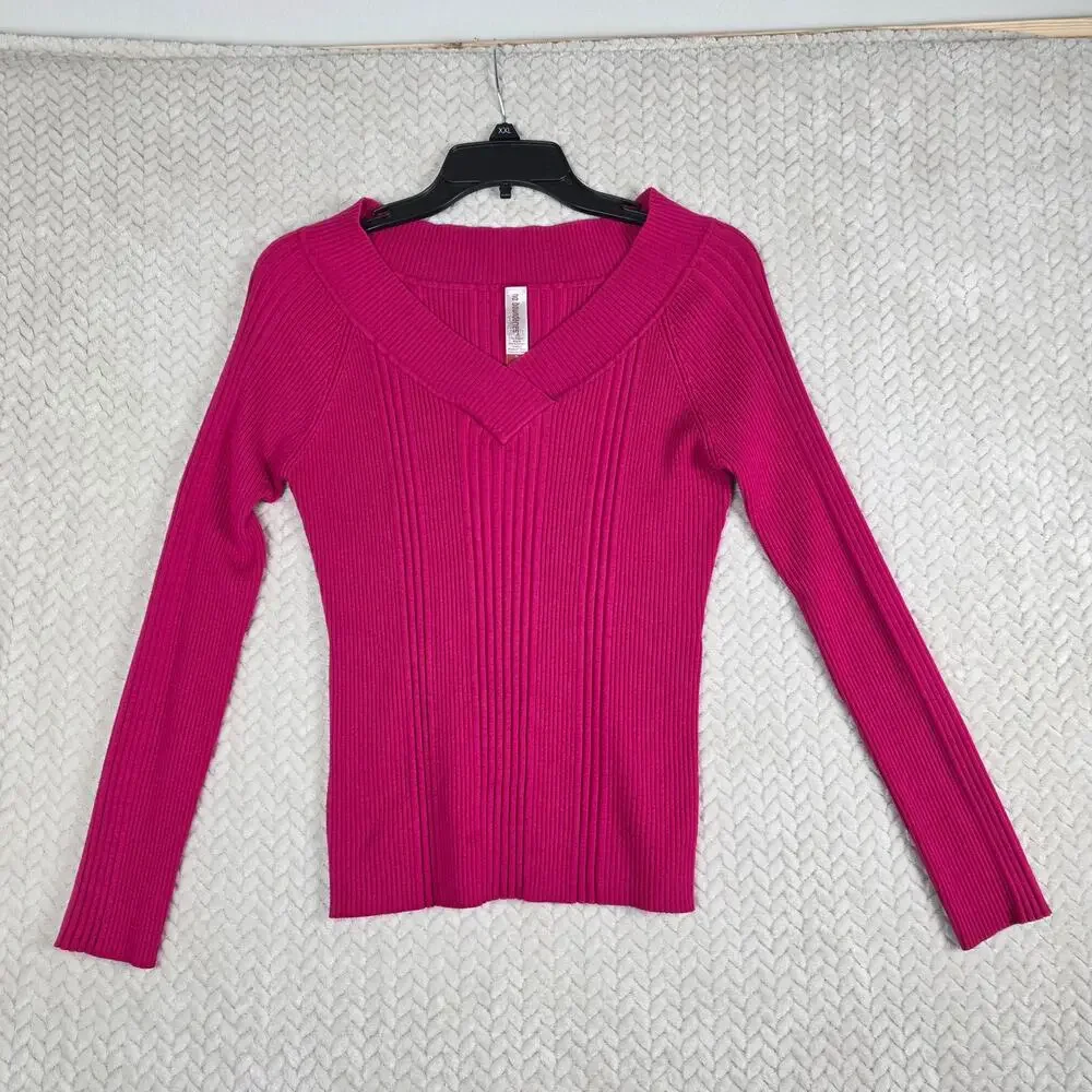 No Boundaries Fuchsia Ribbed Knit Long Sleeve Juniors XL V-Neck Stretch Casual